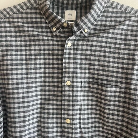 H&M Men’s Grey Checkered Oxford Cotton  Button Down Collared Shirt - Picture 7 of 13